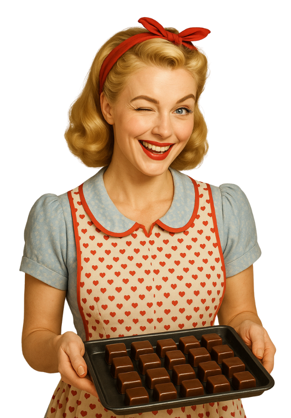 Vintage-style smiling woman holding a tray of handmade caramels, wearing a retro heart apron for Blondie's Handmade Caramels.